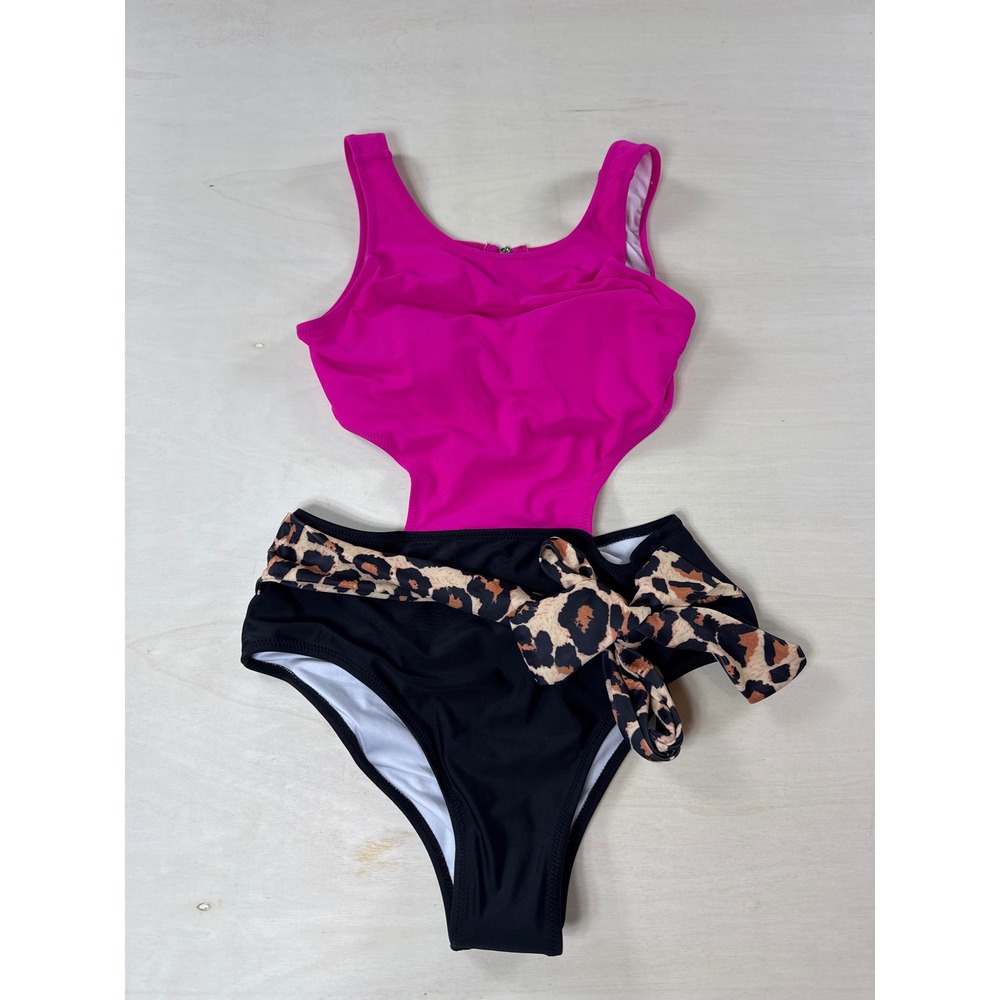 Hot Pink and Black Leopard Sash Cutout Monokini One Piece Swimsuit Small - Picture 2 of 4